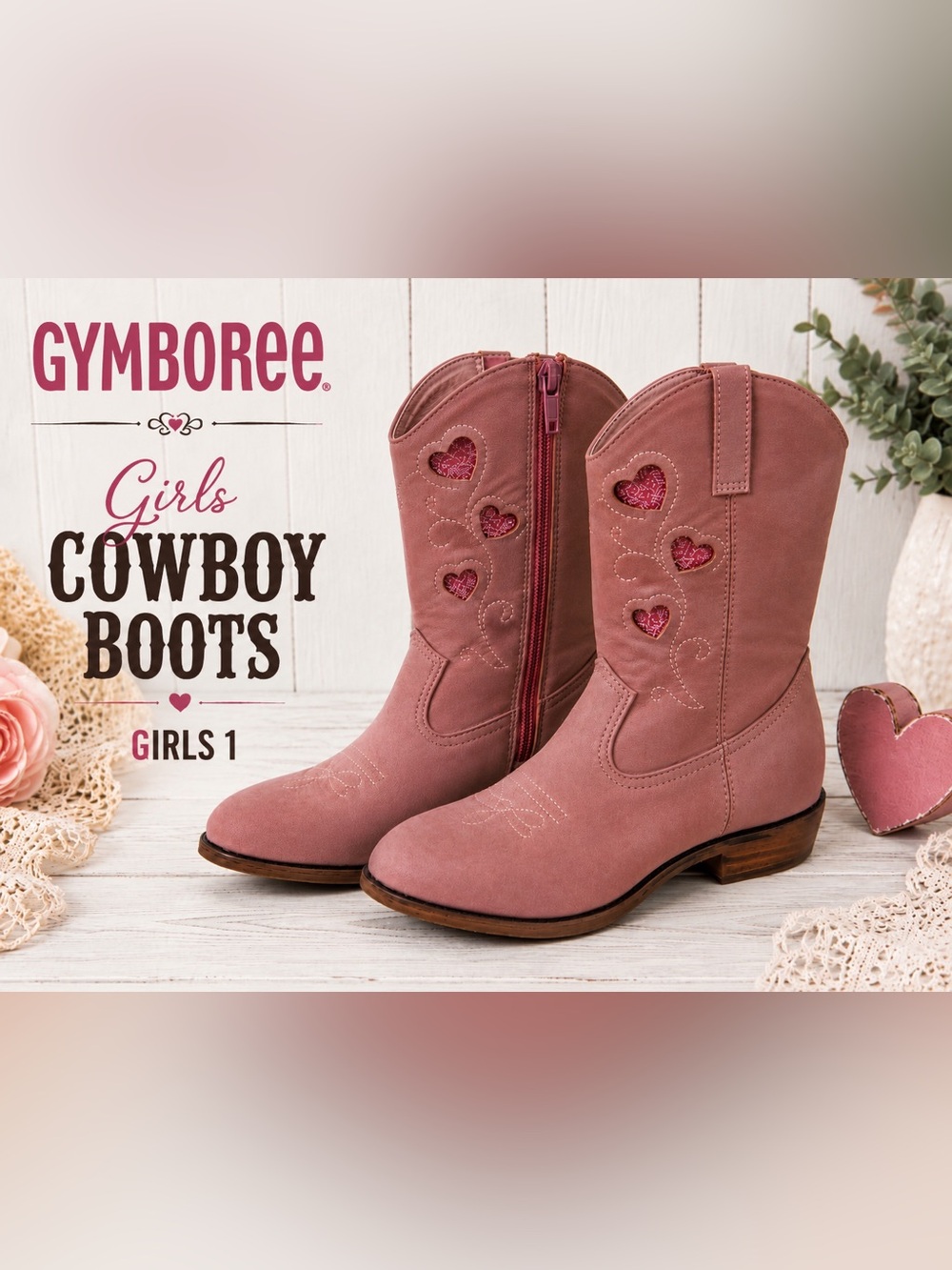 Gymboree Girls Pink Heart Glitter Western Cowboy Boots Size 1 Side Zip